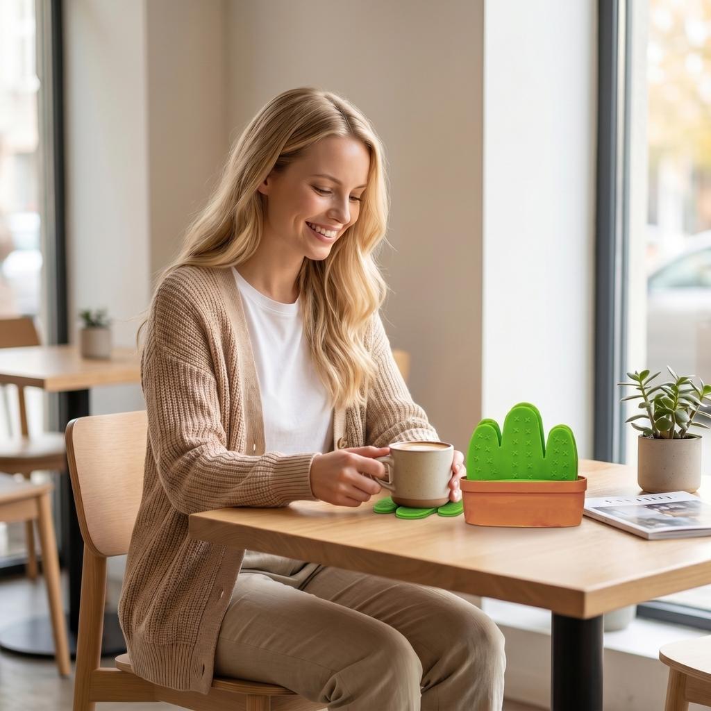 Set of 6 Creative Cactus Shaped Coasters with Pot Holder Soft Silicone Material Non-Slip Base Durable and Heat Resistant for Home and Office Use