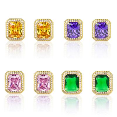 Court Style Rectangular Diamond Colored Treasure Pendant, Stud Earrings, Ring Set, Hot-selling Square Ear Jewelry.