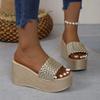 Keilabsatz-Slipper für Damen, Plateausandalen, Damen, Sommer, klobig, golden, runder Kopf, dicke Sohle, Strandschuhe