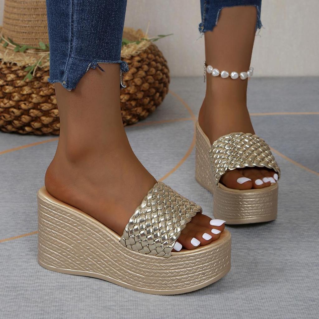 Keilabsatz-Slipper für Damen, Plateausandalen, Damen, Sommer, klobig, golden, runder Kopf, dicke Sohle, Strandschuhe