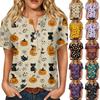 Women's Casual Halloween Print V Neck Short Sleeve Buttoned Three Quarter Sleeve T Shirt Top Lightweight Comfortable Fabric