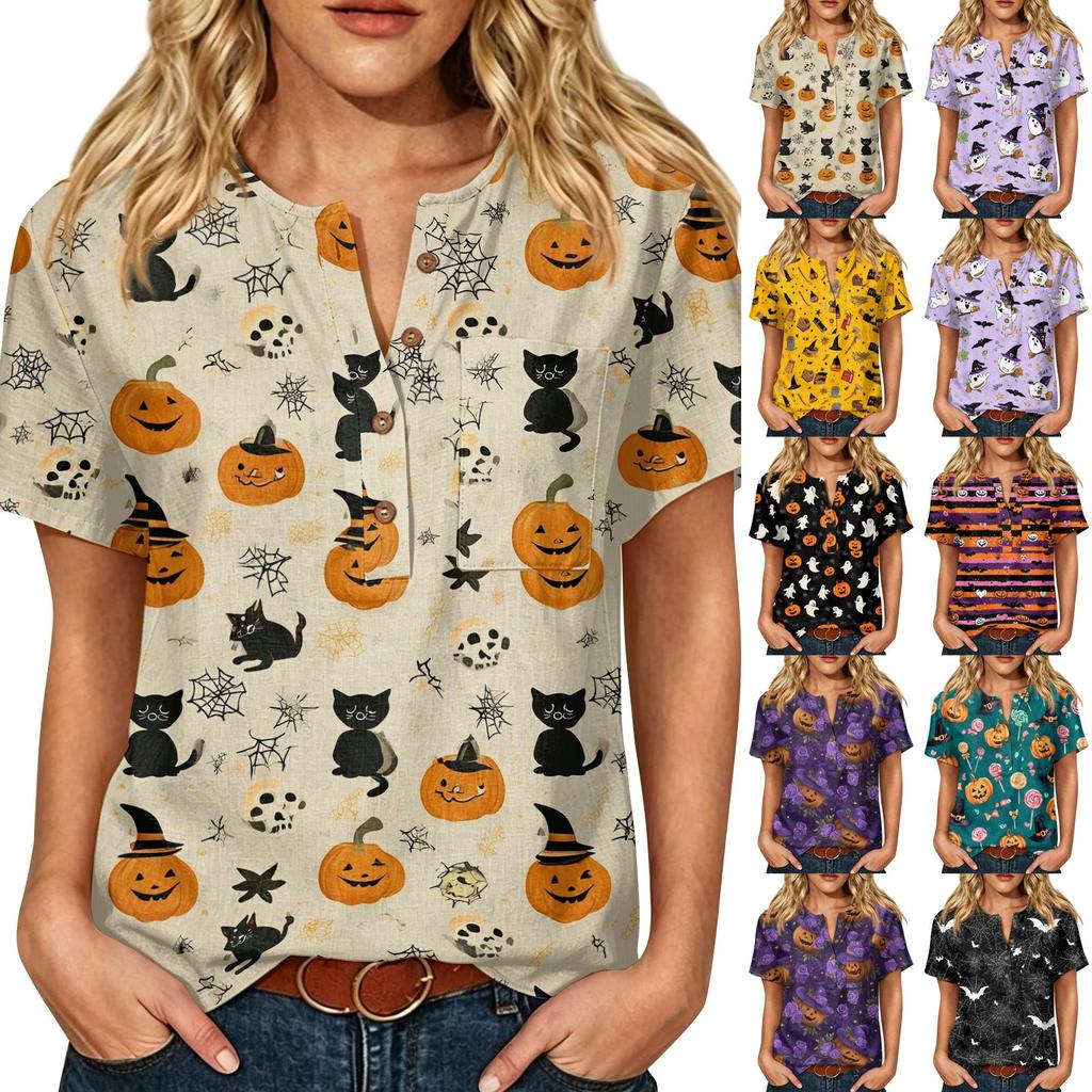 Women's Casual Halloween Print V Neck Short Sleeve Buttoned Three Quarter Sleeve T Shirt Top Lightweight Comfortable Fabric