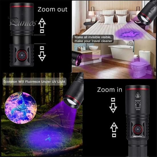 UV Flashlight 395nm Black Light USB Rechargeable Zoom Function Waterproof Portable Ultraviolet Torch Light