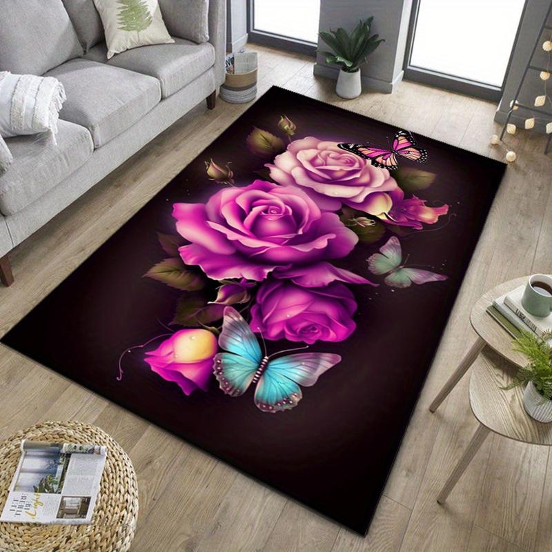 Purple Roses and ButterfliesAreaRugRomanticFloral Design for LivingRoomSoft Indoor Carpet Anti slip carpet can be machine washed