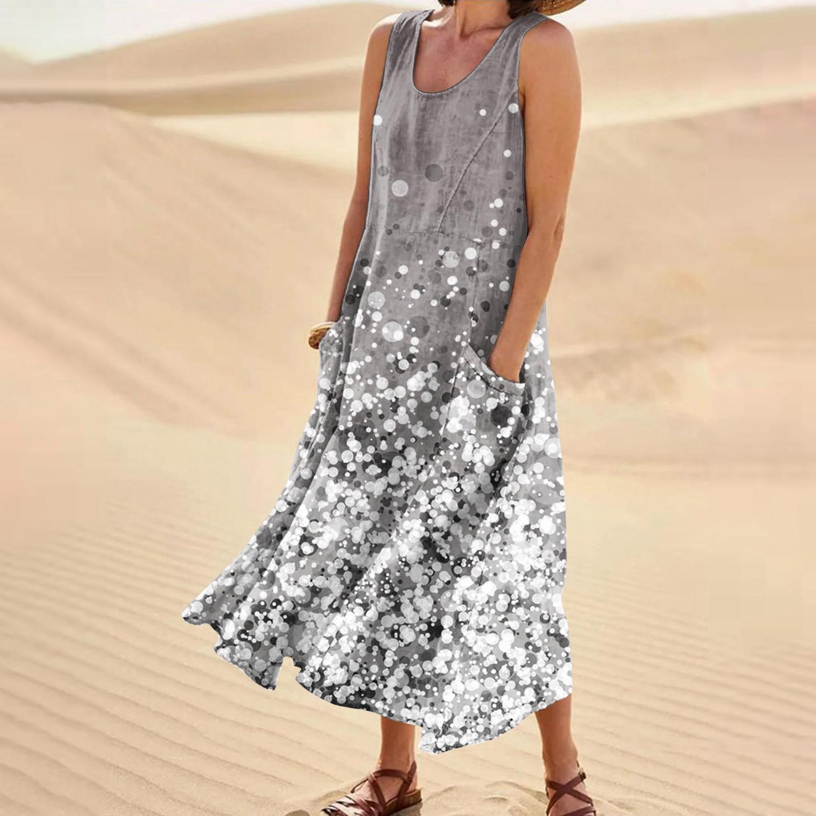 

Женское летнее свободное свободное платье без рукавов с круглым вырезом и карманами M серый