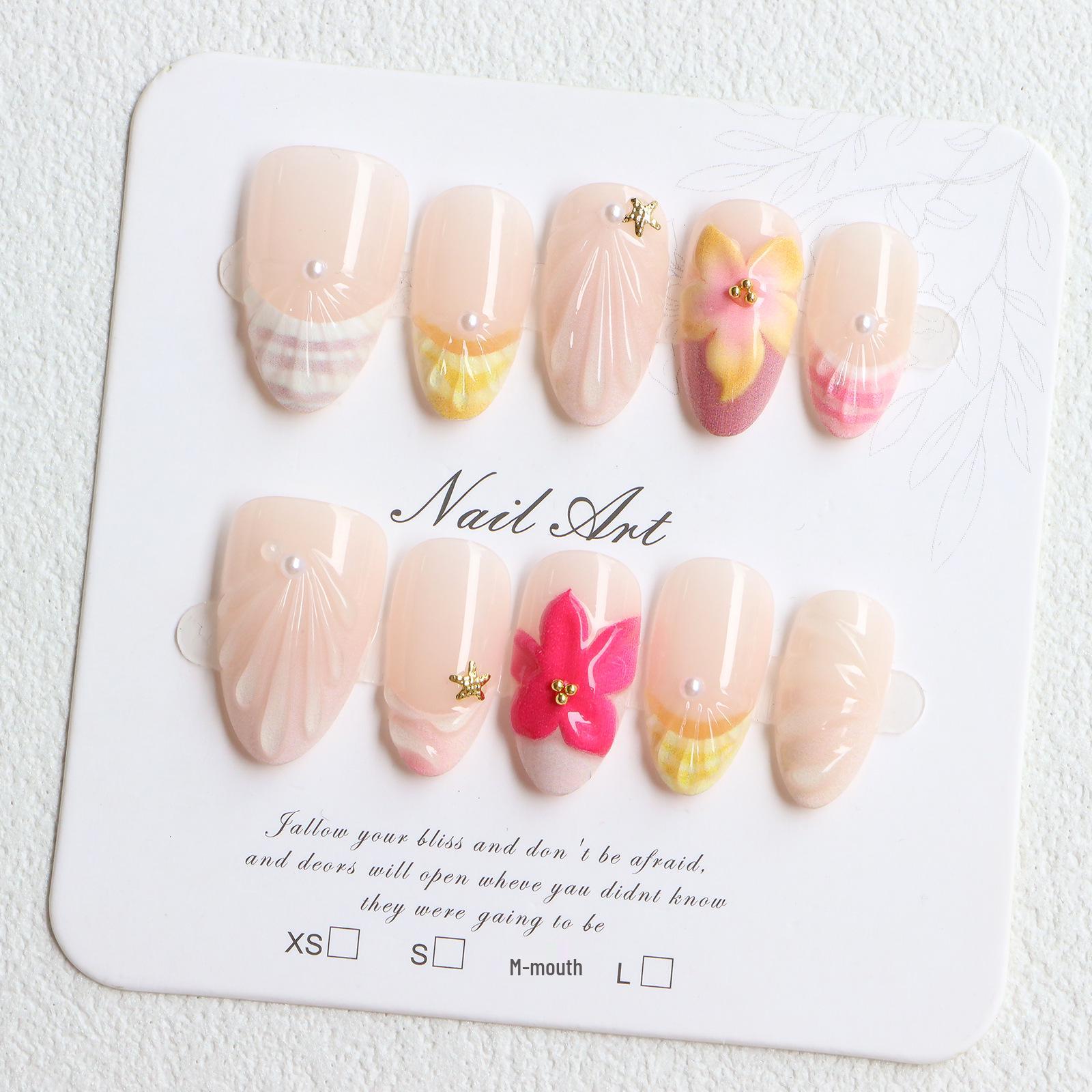 3D Almond-Shaped Sparkle Translucent Press-On Nails with Embossed Seaside Bloom Designs
