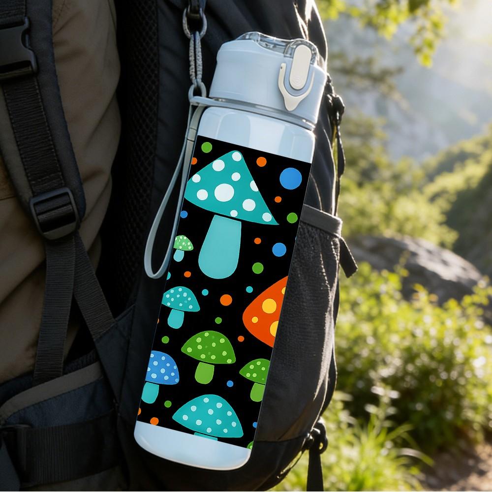 1PC Colorful Mushroom Fantasy Cartoon Print 750ml Color Plastic Sports Water Bottle Leakproof Flip Straw Lid Suitable for Sports Office Home Use
