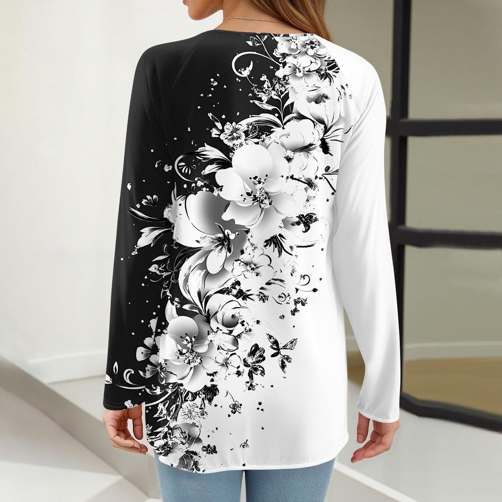 Damenmode, lässig, langärmelig, bedruckt, Rundhalspullover, Top-Bluse