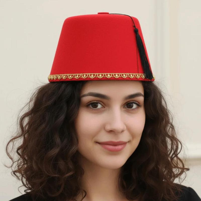 Breathable Moroccan Fez Hat Red Felt Turkish Tassel Cap Universal Tarboosh Fez for Cosplay Stage Party Cultural Festival