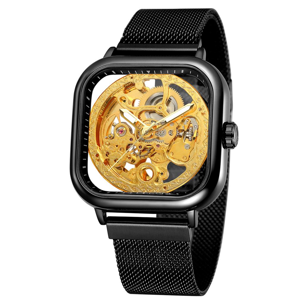 Square Men's Watch Mechanical Stainless Steel Skeleton Waterproof Automatic Self-Winding Dial