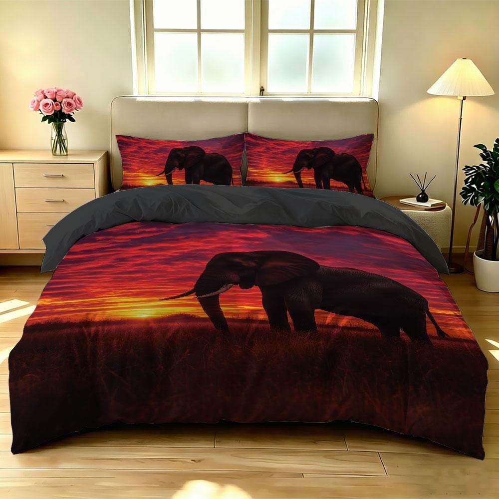 3pcs Elephant Red Sunset Print Duvet Cover Set Wildlife Animal Soft Microfiber Bedding Set with Pillowcases Quilt Cover Decor