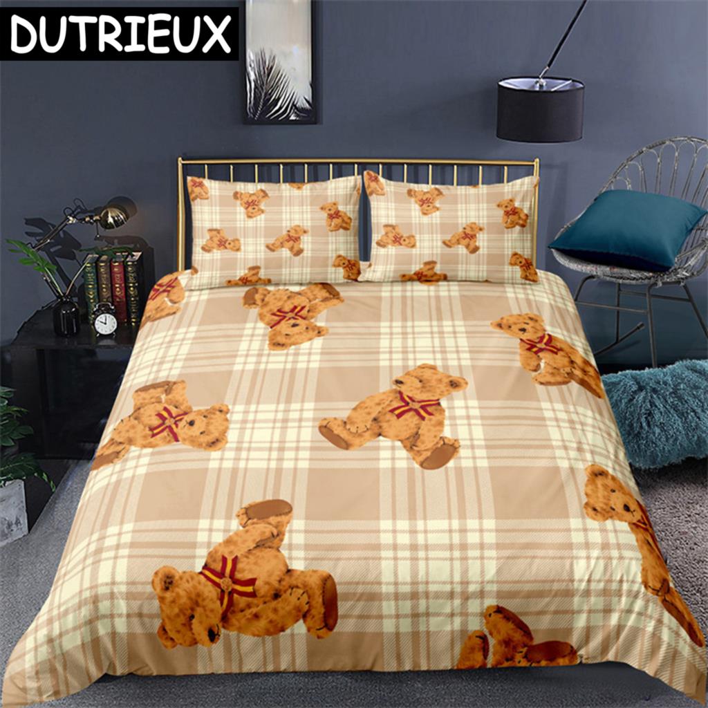 Teddy Bear Pattern Bedding Set Simple Bedspread Pillowcase Cartoon Home Textile Children Adult Bedroom Decoration