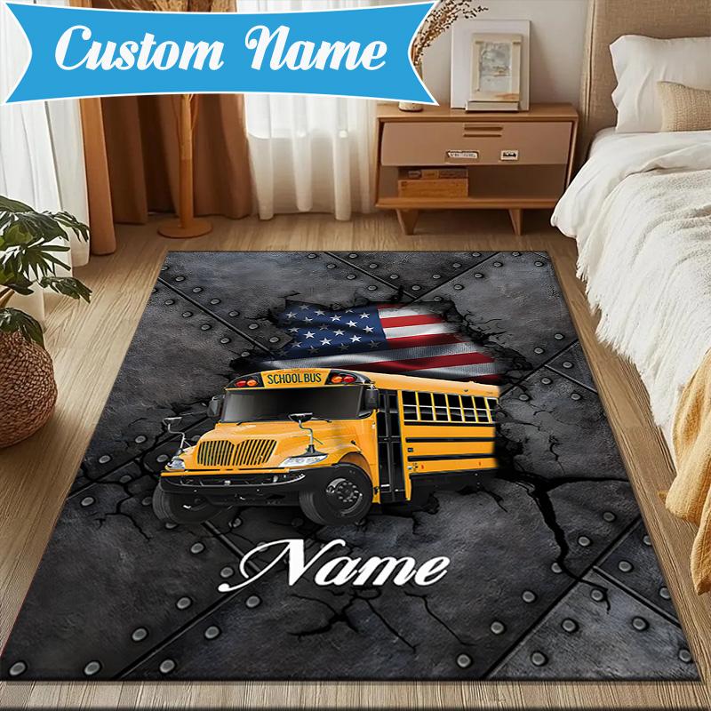 Custom Name School Bus Adventure Rug Game Carpet, Floor Mat for Bedroom Living Room Entryway Rug, Home Decor Idea Gift for Christmas birthday