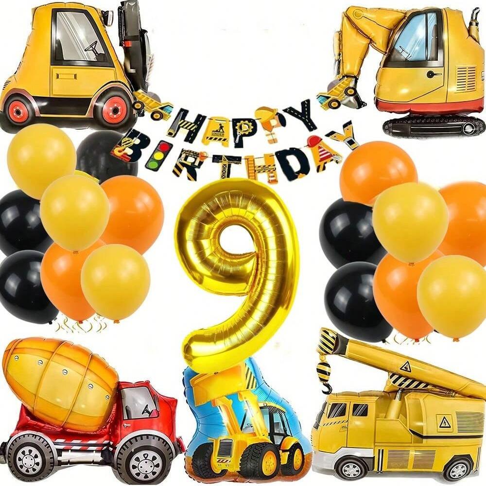 22Pcs Excavator, Tractor Engineering Vehicle Balloon Number 1~9 Balloons  Engineering Vehicle Flag Birthday Banner Decoration