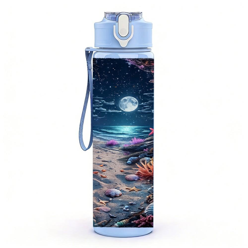 1PC Moonlit Ocean Deep Sea Scene Print 750ml Color Plastic Sports Water Bottle Leakproof Flip Straw Lid Suitable for Sports Office Home Use