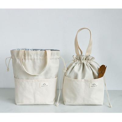 Simple Drawstring Insulated Lunch Bag Canvas Thicken Lunch Tote Bag Aluminium Foil Cooler Bag