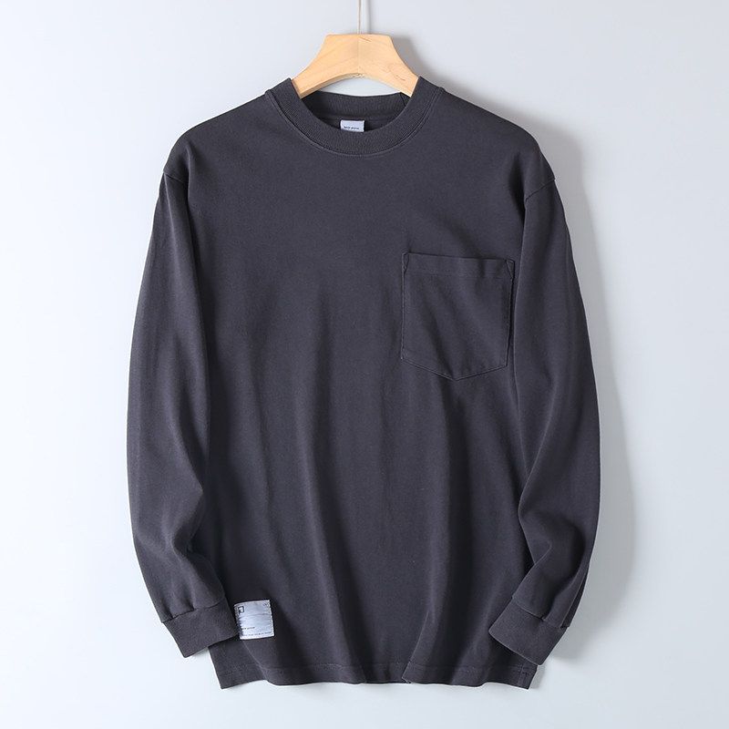 Heavyweight Cotton Washed Pocket Long-Sleeve T-Shirt for Men, Spring and Autumn, Loose Casual Solid Color Base Shirt, Crew Neck Pullover Sweatshirt