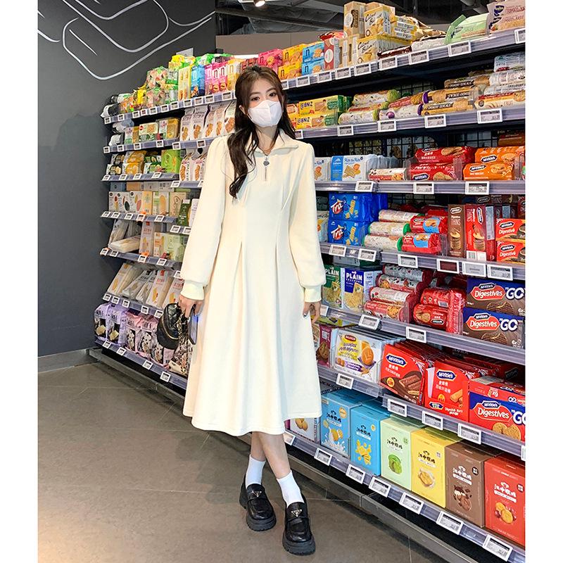 Women's Plus Size Waffle Knit Long Sleeve Dress with Cinched Waist and Polo Collar - New 2025 Spring/Autumn Style