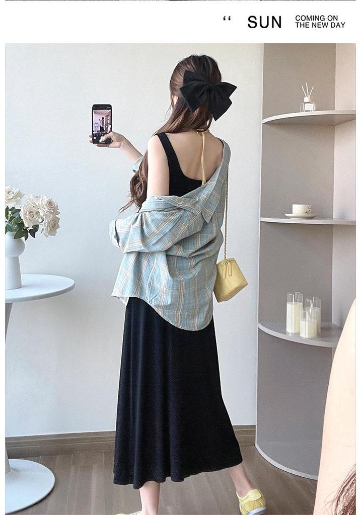 Spring 2026 Maternity Casual Two-Piece Set: Camisole Dress & Plaid Shirt
