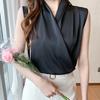 Wrap V-Neck Sleeveless Slim Fit Women Top Solid Color Satin Blouse