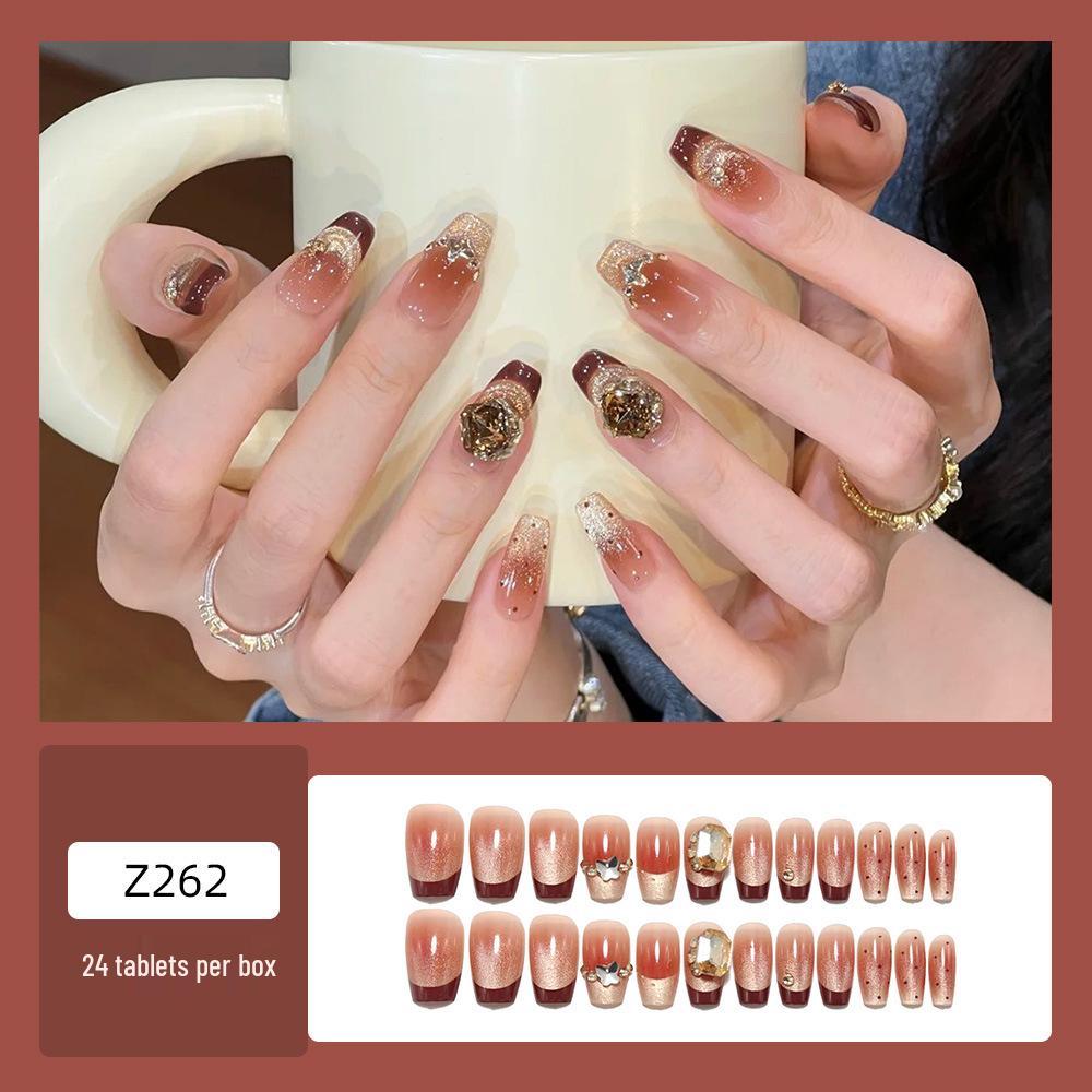 Caramel French Gold Foil Cat Eye Nails with Champagne Zirconia Diamond Decorations