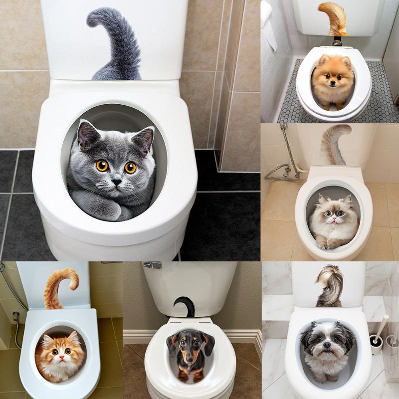 3D-Effekt Niedliches Tier Toilettenaufkleber Niedliche Katze Hund Badezimmer Toilettensitzbezug Aufkleber PVC Zubehör Für Zuhause Badezimmerdekoration