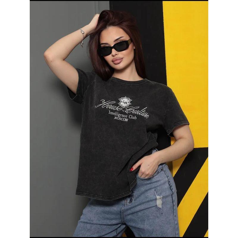 Western Style New Fashion Washed Distressed Print Short Sleeve T-shirt Top Printed Cotton T-shirt