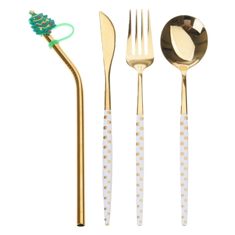 

4 Pcs Elk Christmas Tree Decoration Dessert Spoon Fork Coffee Spoon Cutlery Gift платиновый