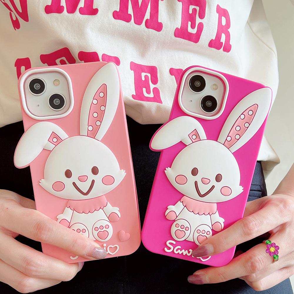 Cartoon Cute Rabbit Phone Case Compatible for iPhone 14 13 12 Pro Max 11 7 Plus Pink Stereoscopic Silicone Protective Cover