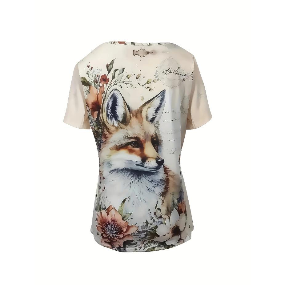 Trendy Liščí Tričko Prodyšné Nadměrné Dámské Tričko s V-výstřihem s Liščím a Květinovým Potiskem Každodenní Pohodlí, Umělecký Design