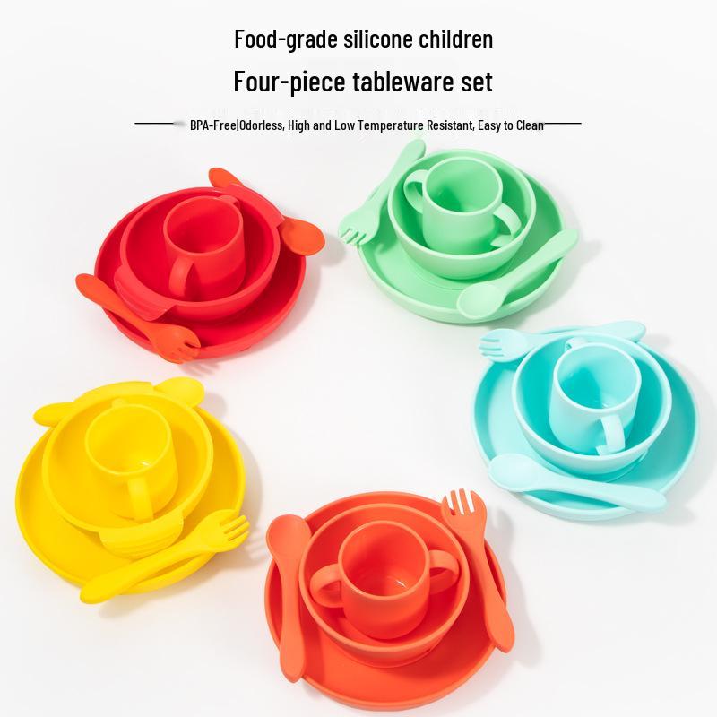 Ensemble de vaisselle pour bébé: Assiette Compartimentée en Silicone, Bavoir, Cuillère, Fourchette, Bol et Ventouse