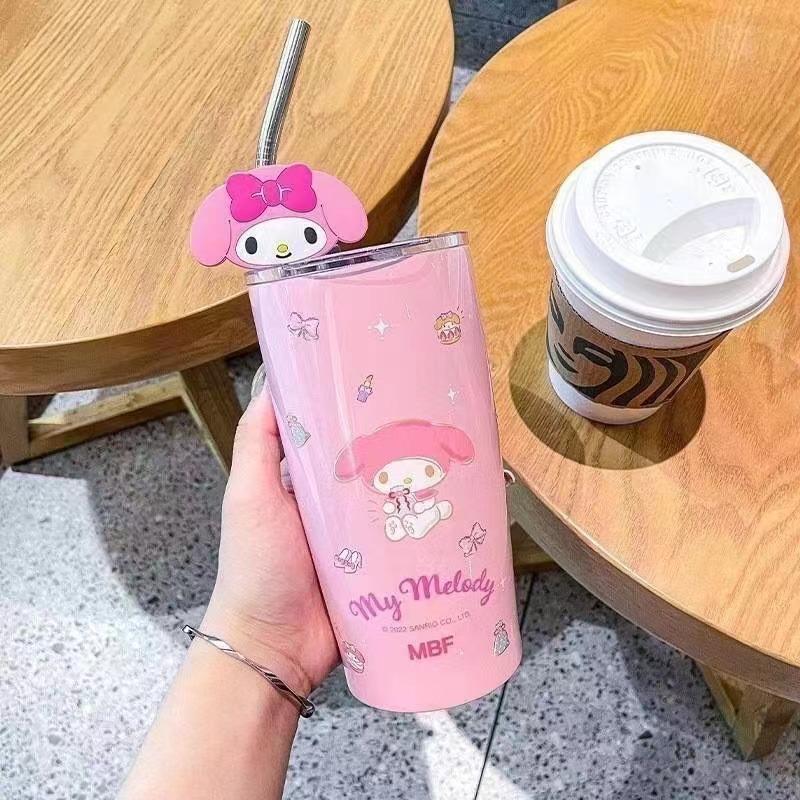 

600ML Sanrio thermos cup kawaii hello Kitty kuromi melody student children gift anime cartoon cute portable straw large capacity 600ML