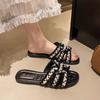 French Pearl Slippers Women's Summer Wear 2025 New Fairy Small Fragrant Style Fashion Flat Bottom Beautiful Temperament Cool Slippers