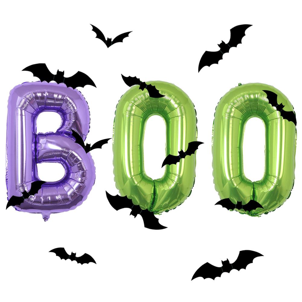 Halloween Decor Set: 3D Bats & 32" BOO Foil Balloons (12 Pieces)