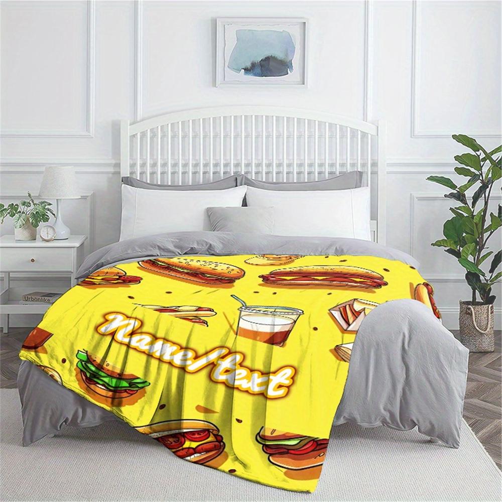 Custom name hamburger-themed flannel blanket, soft blanket, suitable for sofas, beds, birthdays, children, friends, gifts