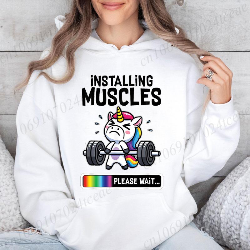 Installing Muscles Women Hoodies Fashion Casual Hoodies Funny Gym Unicorn Design Sweatshirts Fitness Workout Harajuku Sweatshirt