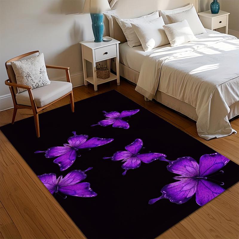 Black Purple Butterfly Area Rug for Living Room Bedroom Whimsical Nature Floral Whimsy Home Decor Non Slip Washable Floor Mat