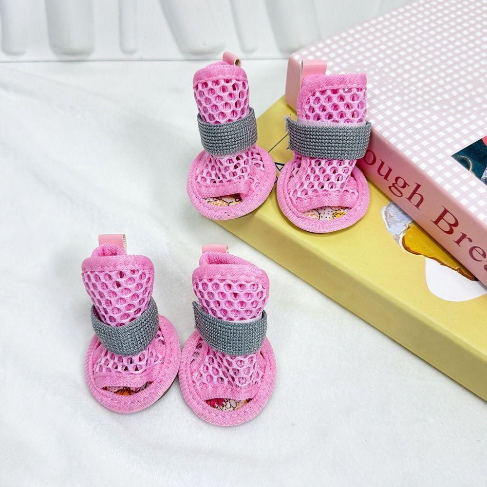 4Pcs/Set Soft Summer Dog Shoes Non-Slip Dog Paw Protector Fashion Hollow Puppy Shoes All Seasons