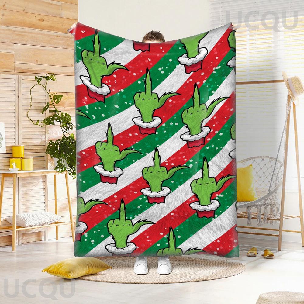 1pc Christmas Striped Green Monster Pattern Flannel 2D Printed Blanket, Four-Season Universal Sofa Bed Leisure Blanket, Travel 75cmx90cm