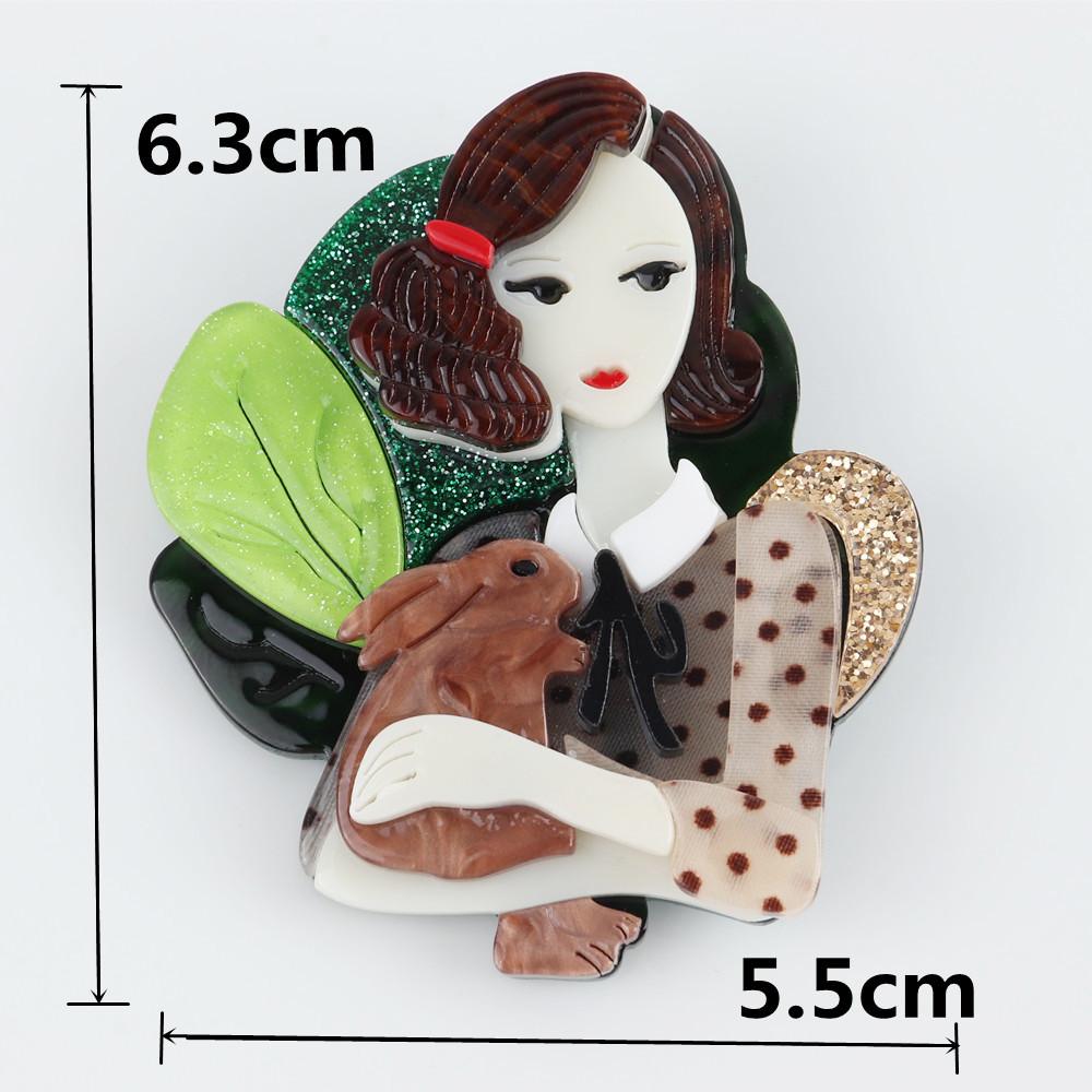 New Fashion Creative Fairy Girl Holding Rabbit Acrylic Brooches For Women Cartoon Cute Badge Brooch Pins Party Jewelry Gift