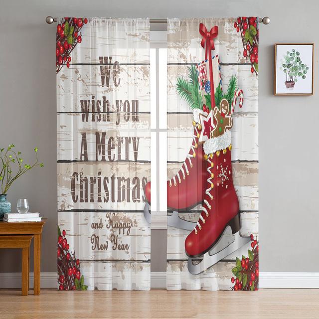 Christmas Gnome Wood Grain Snow Tulle Curtains For Living Room Decoration Modern Chiffon Sheer Voile Christmas Curtains