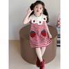 Girls Summer Sweet Strawberry Polo Collar Plaid Dress Fashionable Princess Skirt