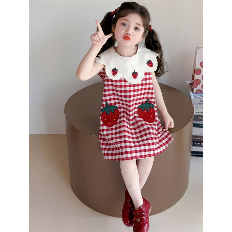 Girls Summer Sweet Strawberry Polo Collar Plaid Dress Fashionable Princess Skirt