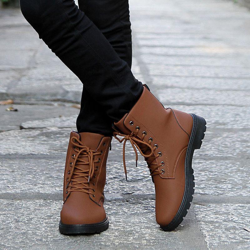 Modische Herren Winter Warm Flach Schnürung Lässig PU-Leder Schneestiefel Für Stilvollen Komfort