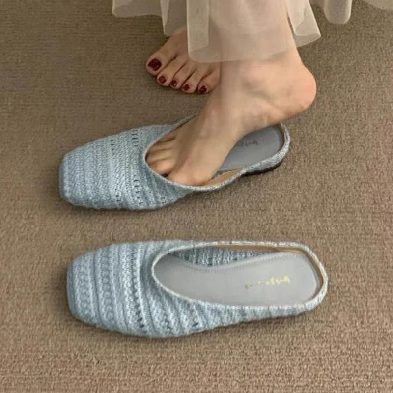 

Fashion Women Slippers Flats Knitting Casual Mules Shoes Fashion Woman Sandals Summer 2025 Cozy Flip Flops New Designer Ladies Shoes 35 синий