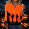 Women's Casual Halloween Print V Neck Button Front Three Quarter Sleeve T Shirt Top for Fall Seasonal Wear