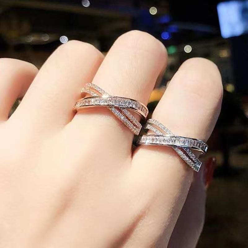 New simple and fashionable diamond-encrusted zircon cross-opening ring, high-end light luxury cold wind ring