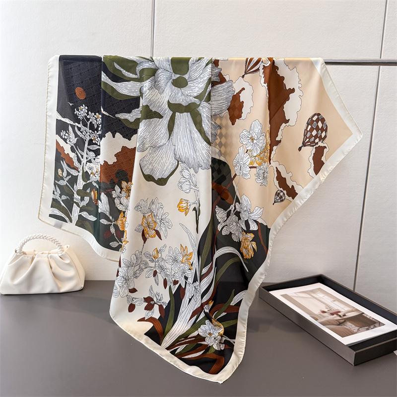 Contrasting Color Satin Imitation Silk Printing Large Square Scarf Silk Scarf Shawl Headscarf Neck Protection Scarf