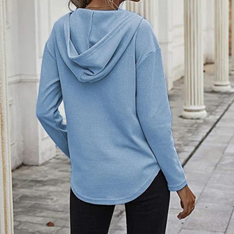 New Women's V-Neck Waffle Knit Hoodie, Drawstring Pocket Pullover with Long Sleeves, Casual & Sporty Lounge Top for Daily Wear