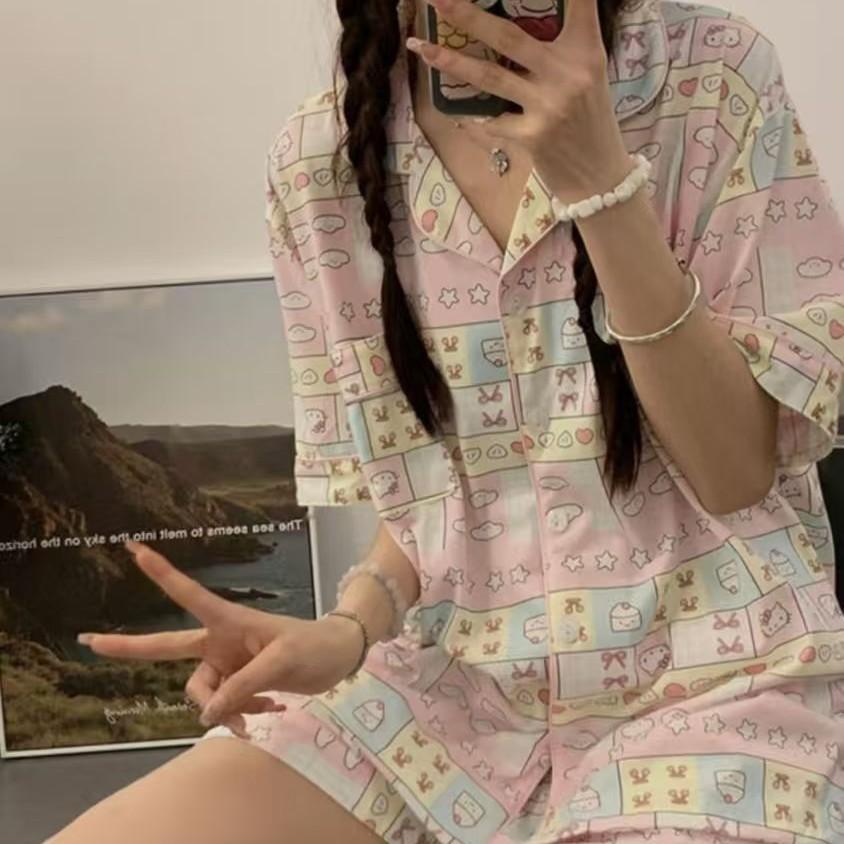 Japanese ins sweet pajamas women's summer short-sleeved shorts Hello Kitty suit student dormitory can wear loungewear outside